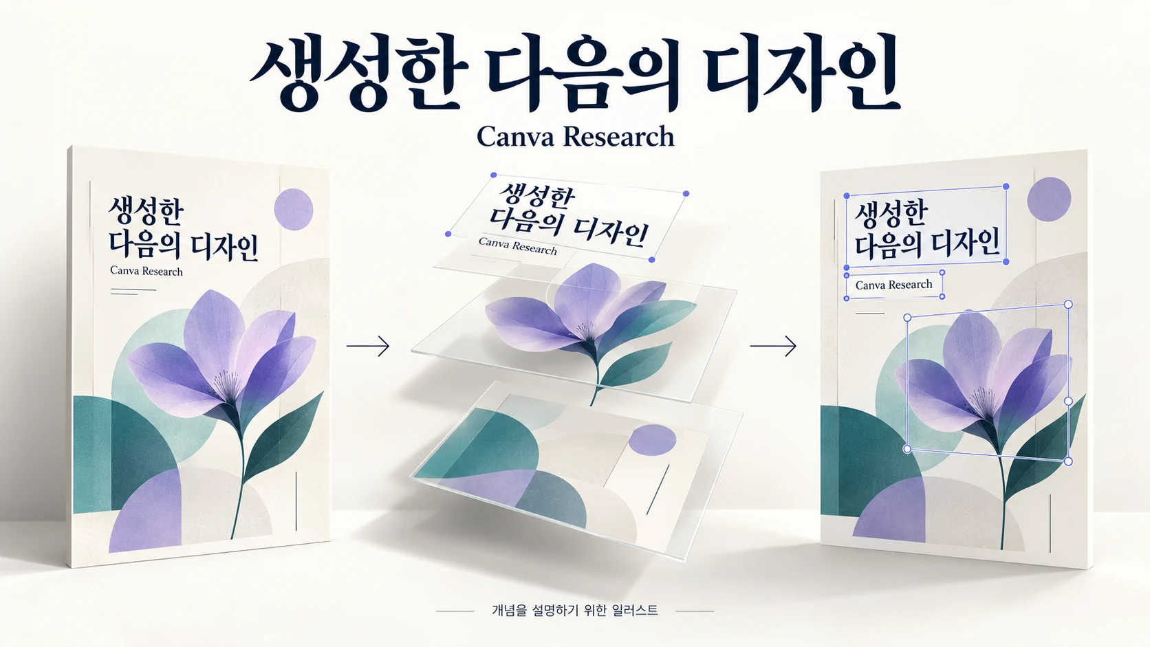 디자인을 글자와 이미지 레이어로 나누어 다시 편집하는 과정을 표현한 AI 생성 개념 일러스트